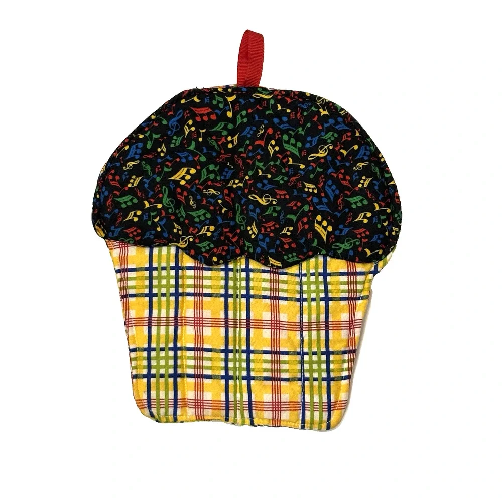 Hand Made Cupcake Oven Mitt Pot Holder Music Confetti and Colorful Plaid